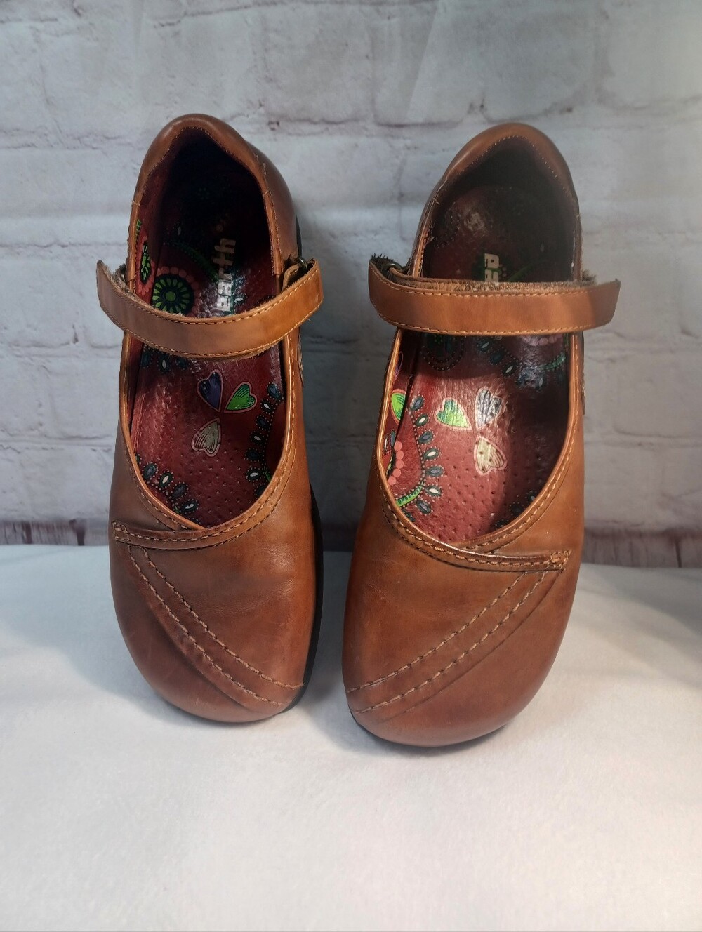 earth leather mary jane brown colorful printed footbed retro comfort shoes Sz 8 - Picture 9 of 15
